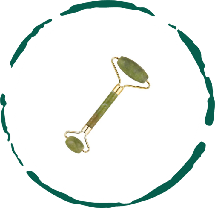 Jade facial roller with two green stones and gold-tone handles