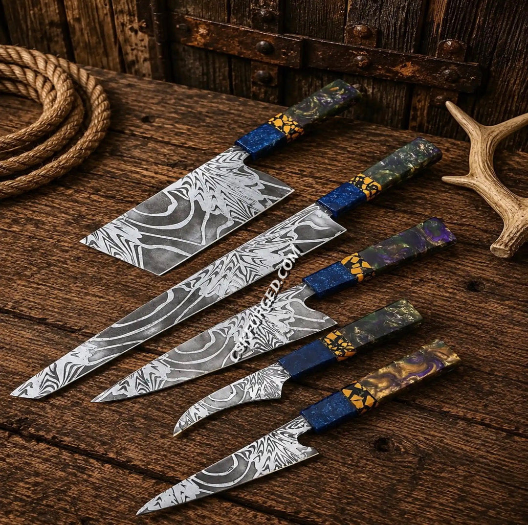Set of five Japanese boning knives with etched D2 steel blades and blue epoxy handles