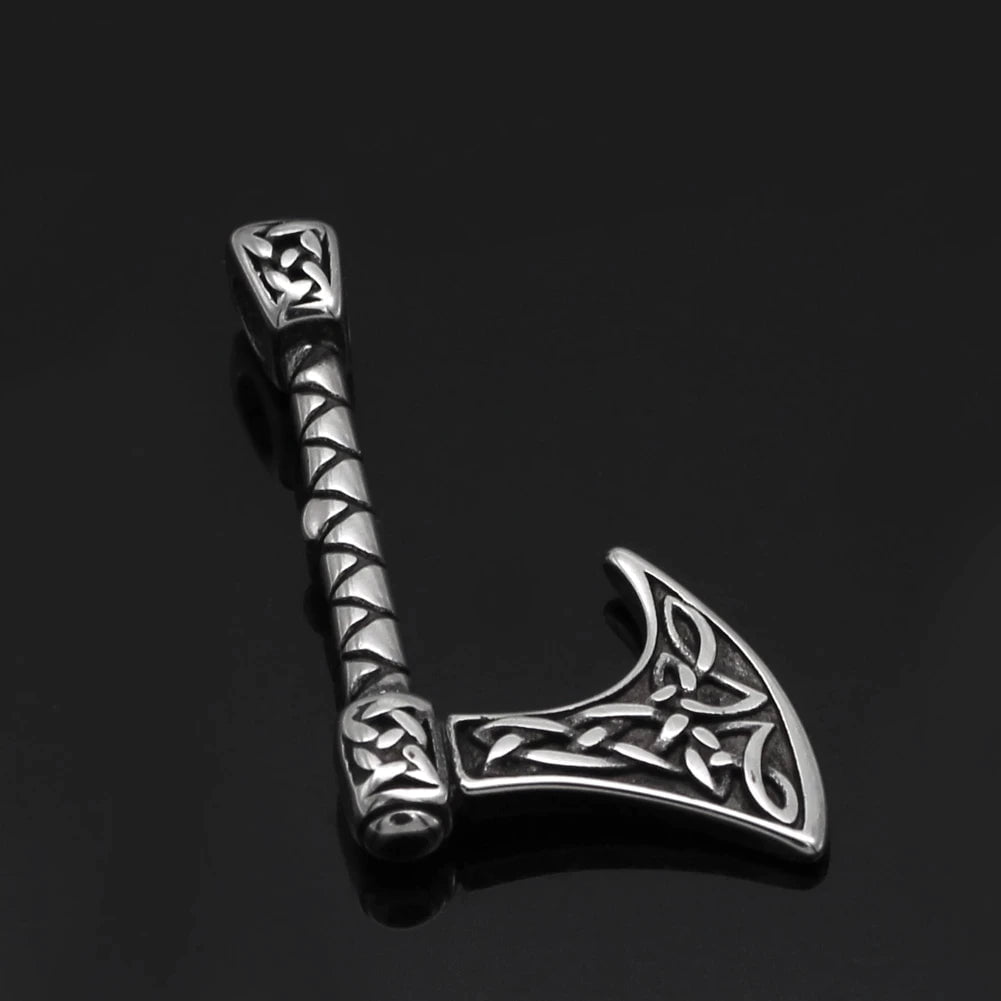 Stainless steel axe charm with Celtic knot pattern on a twisted chain