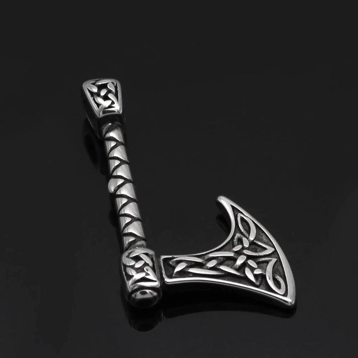 Stainless steel axe charm with Celtic knot pattern on a twisted chain