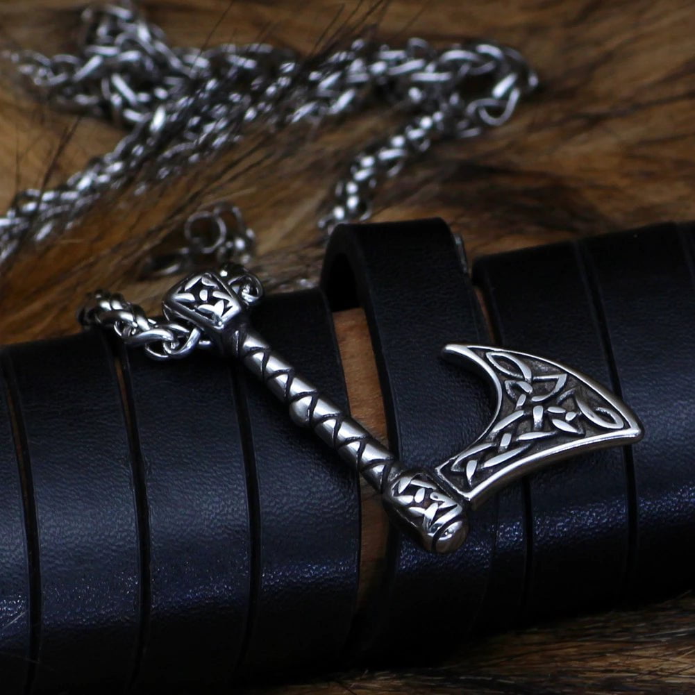 Stainless steel axe pendant necklace with Celtic knot details and chain link