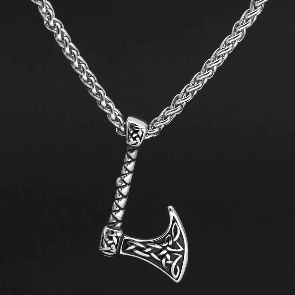 Celtic knot axe charm necklace in stainless steel with twisted link chain