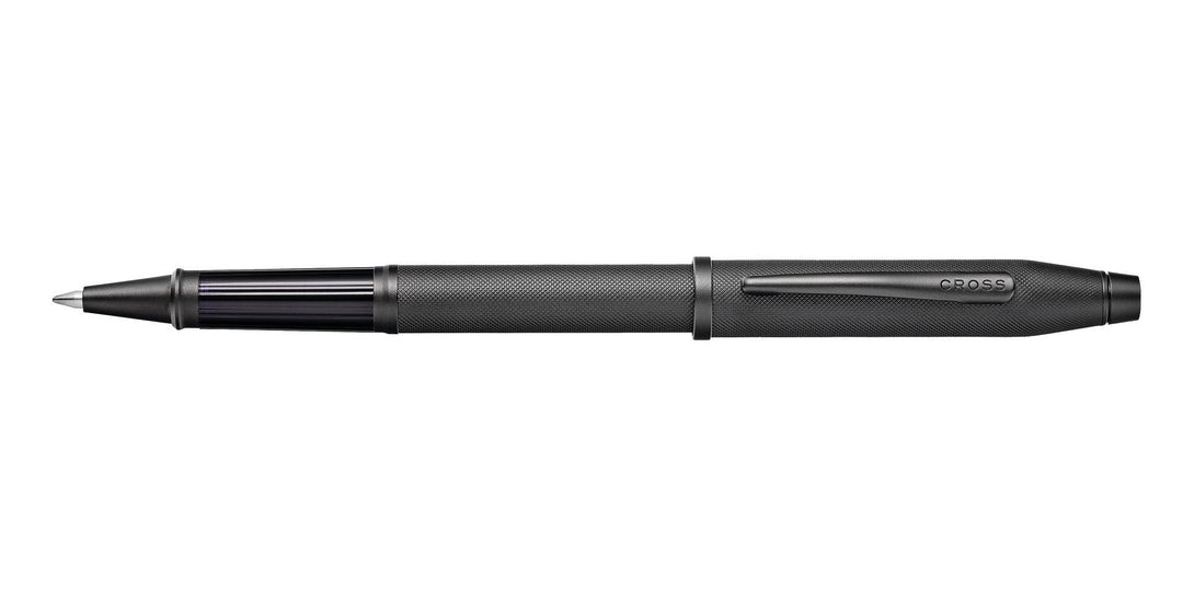 Black rollerball pen, side view with smooth barrel and pointed refill tip