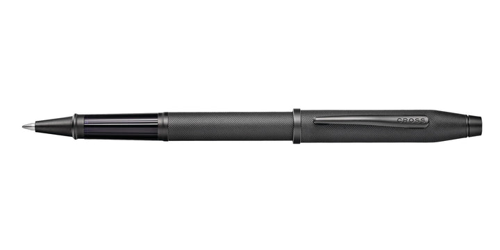 Black rollerball pen, side view with smooth barrel and pointed refill tip
