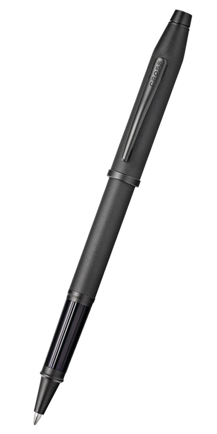 Black micro-knurl rollerball pen with pointed tip and textured barrel grip
