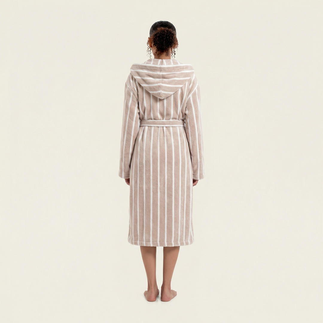 Striped unisex hooded bathrobe with waist belt, back view
