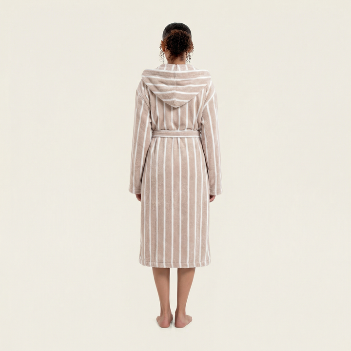 Striped unisex hooded bathrobe with waist belt, back view