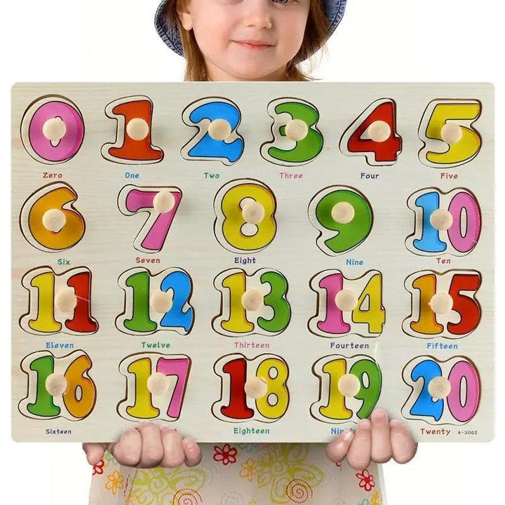 Kids wooden 3D puzzle board with colorful number tiles 0 to 20