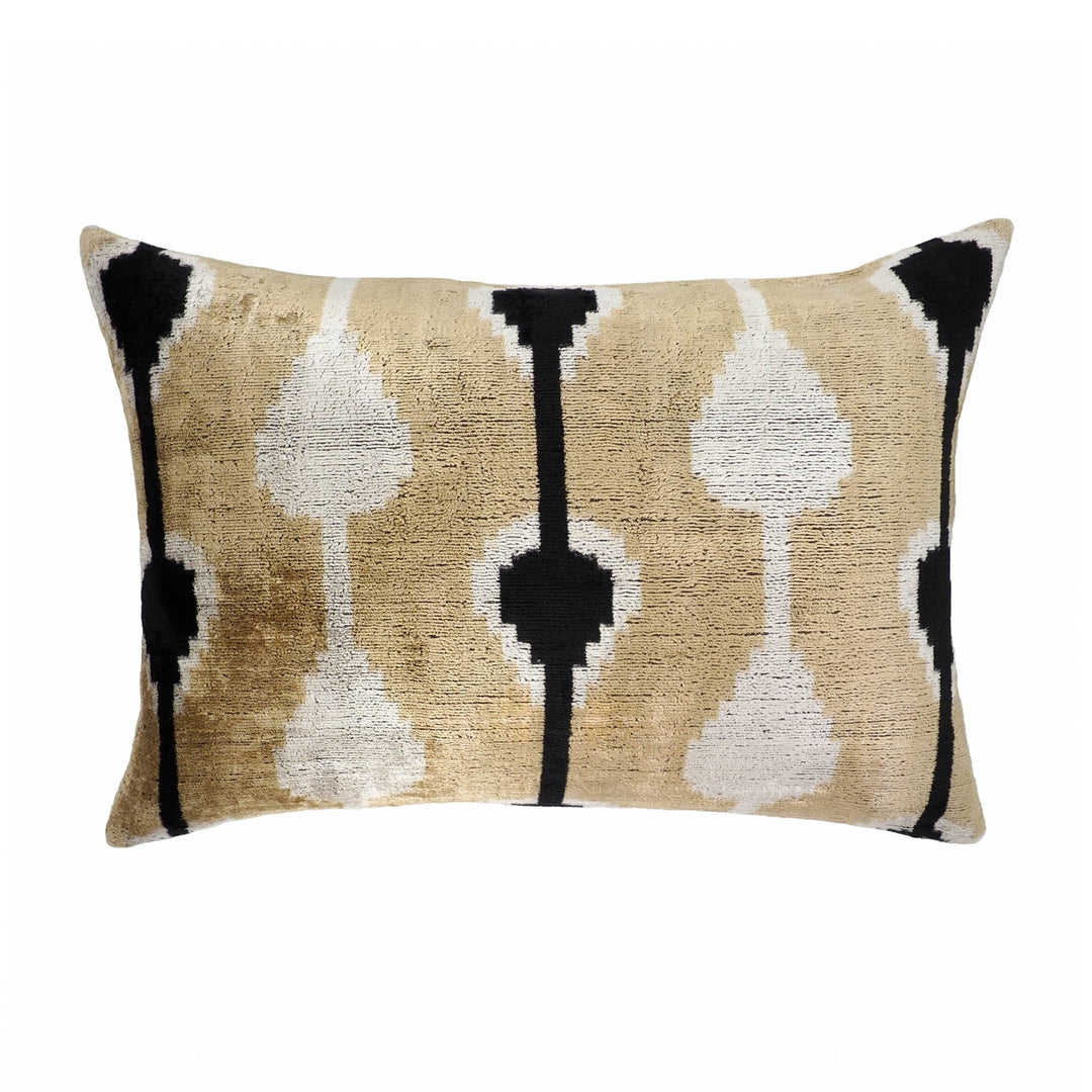 Silk velvet ikat throw pillow with beige, white, and black geometric pattern front