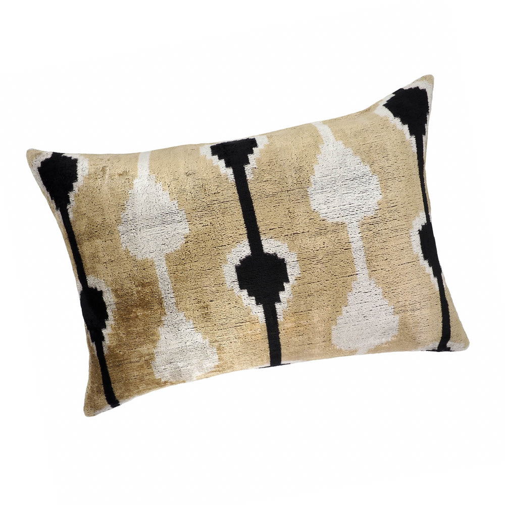 Silk velvet ikat throw pillow in beige with white diamond motif and black accents