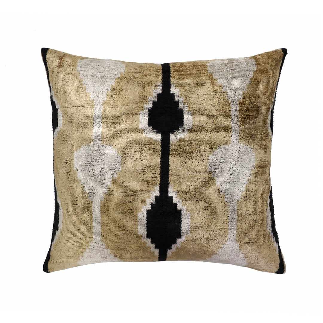 Silk velvet ikat pillow cover, beige/white geometric pattern with black vertical motifs