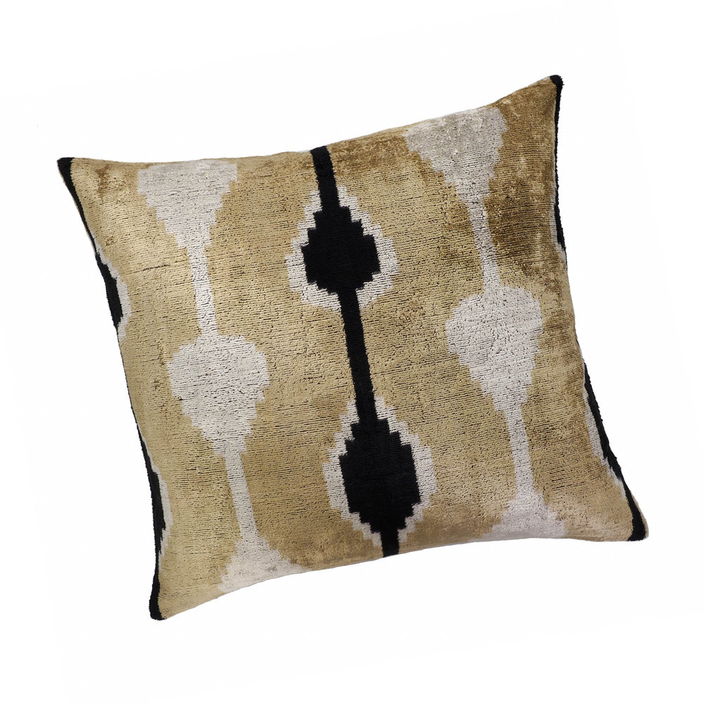 Silk velvet ikat pillow cover, beige/white blocks with black vertical line and diamond motifs