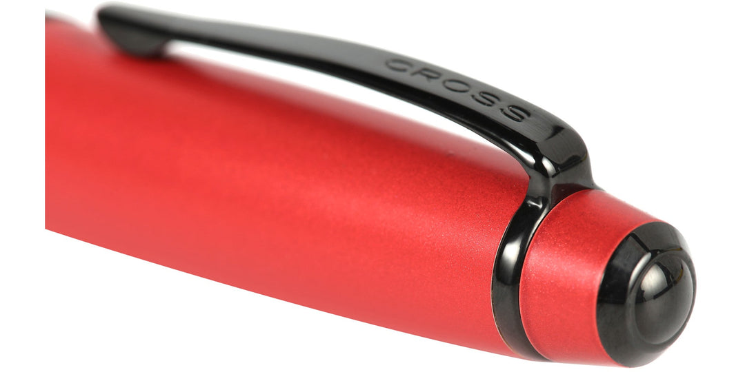 Red matte lacquer fountain pen cap end with black trim and metal clip