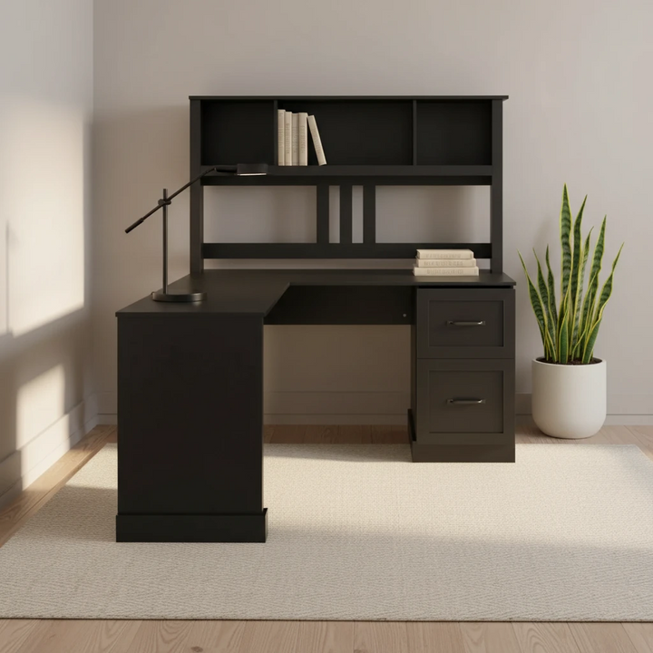L-shaped Computer Desk with Hutch and Drawers