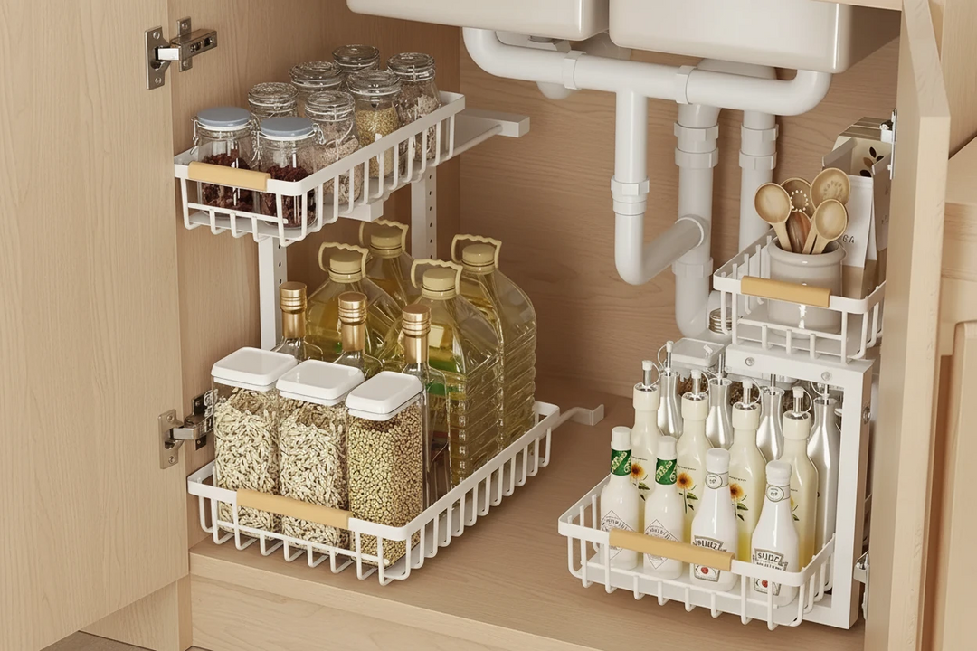 L-shaped Under Sink Organizer Adjustable Height White Metal