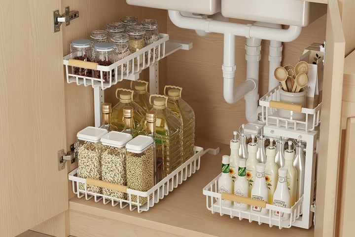 L-shaped Under Sink Organizer Adjustable Height White Metal