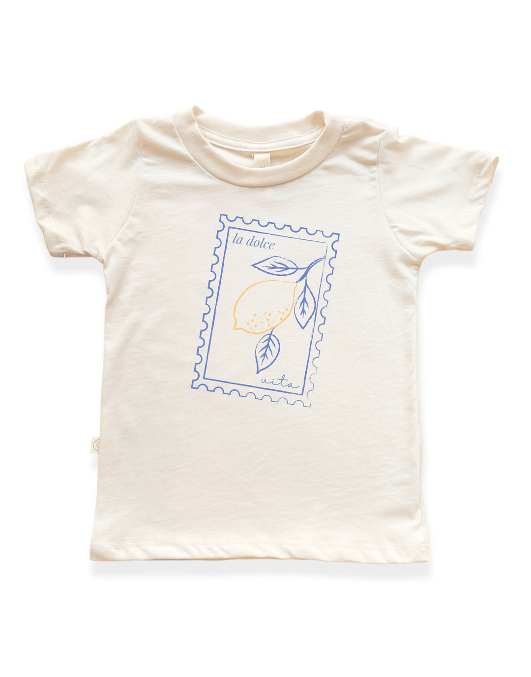 Kids organic cotton T-shirt, cream with framed blue leaf and orange stamp print