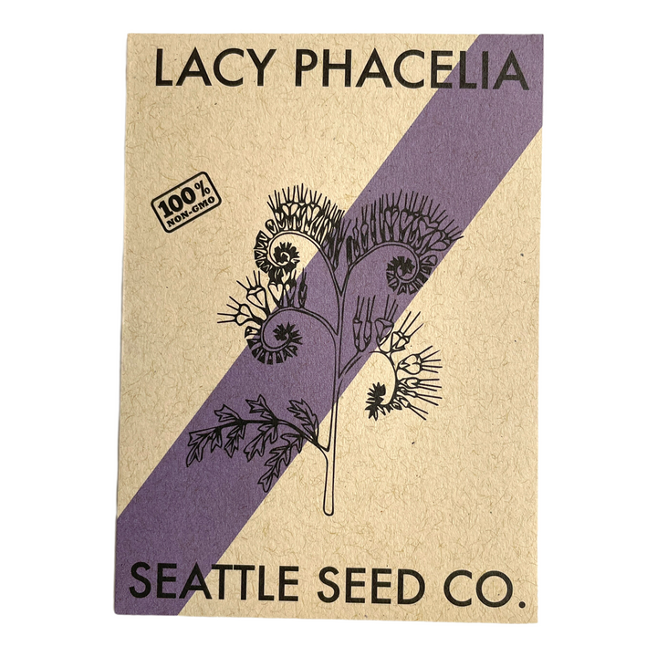 Lacy phacelia seed packet with purple floral illustration, Seattle Seed Co.