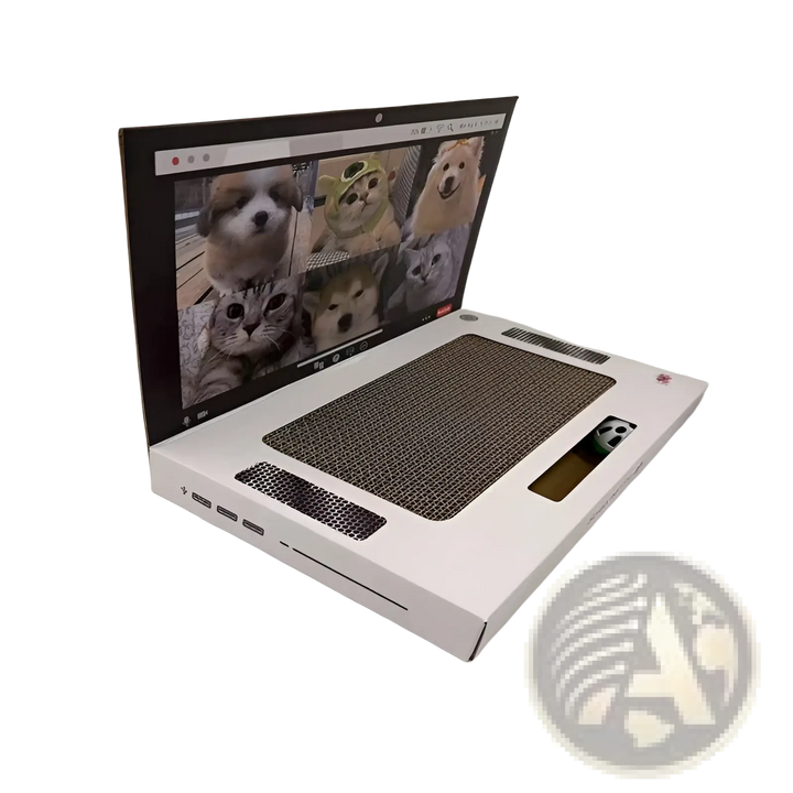 White cardboard cat scratcher laptop toy with open screen and textured scratch pad