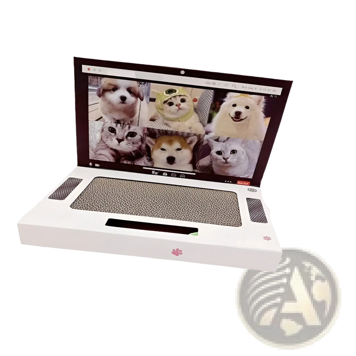 White cardboard cat scratcher laptop toy open with collage screen and scratch pad