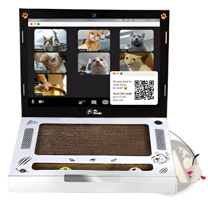 White cardboard cat scratcher laptop toy open, showing screen collage and scratch pad