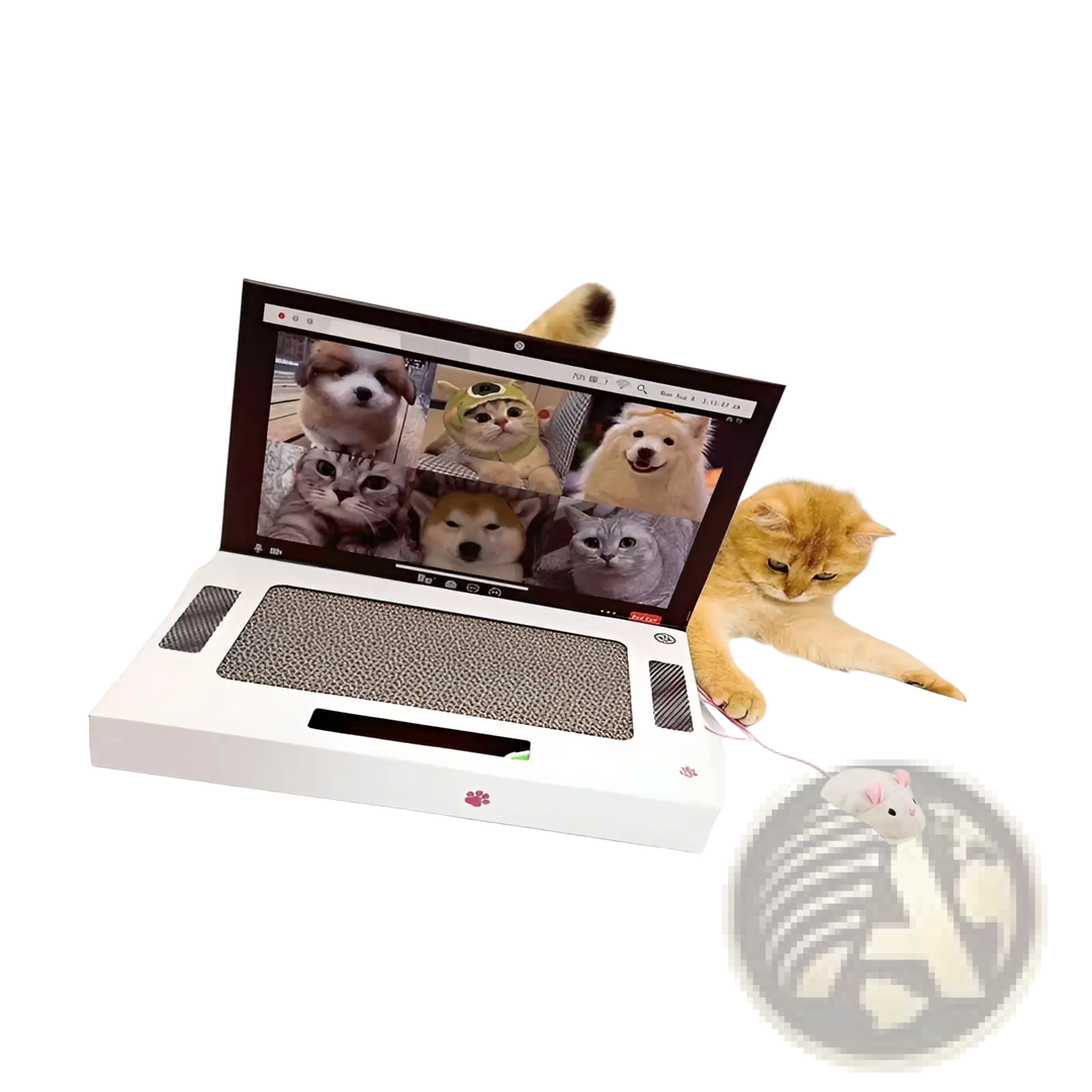White cardboard cat scratcher laptop toy open with cat pawing the scratch pad