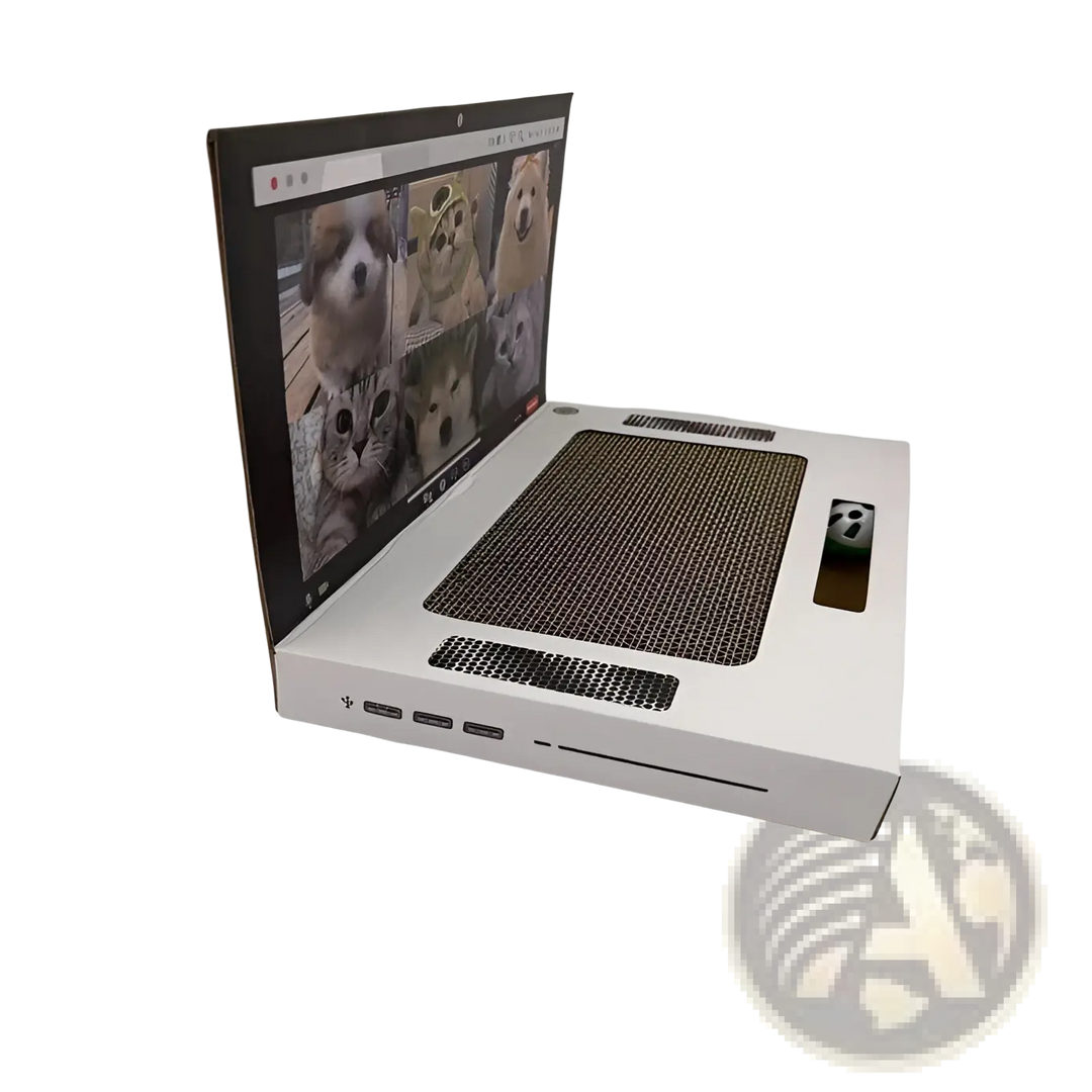 White cardboard cat scratcher laptop toy side view with textured scratch platform