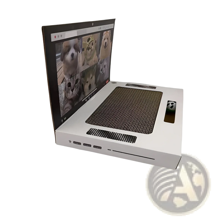 White cardboard cat scratcher laptop toy side view with textured scratch platform