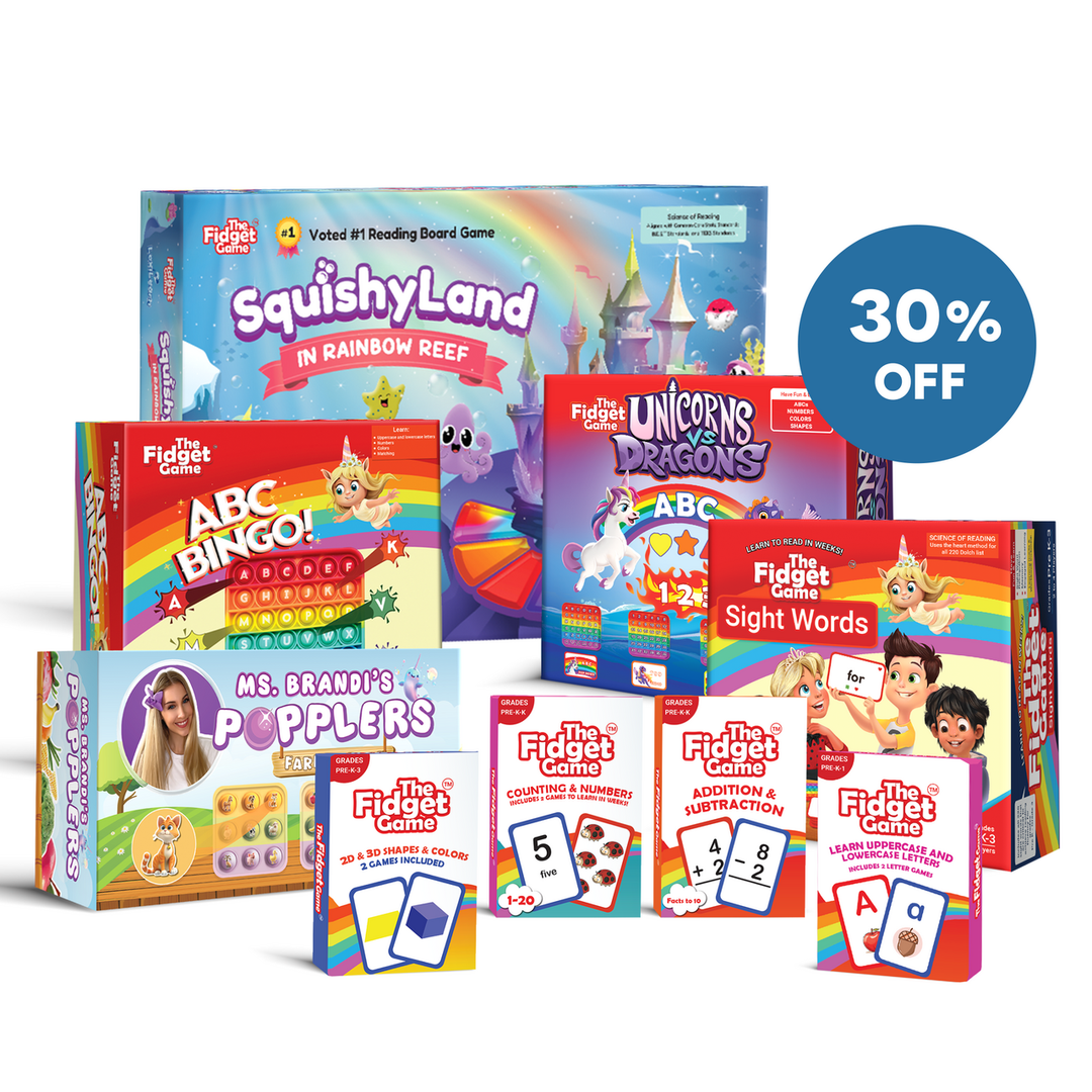 Assorted The Fidget Game box set display with ABC Bingo box and other game boxes