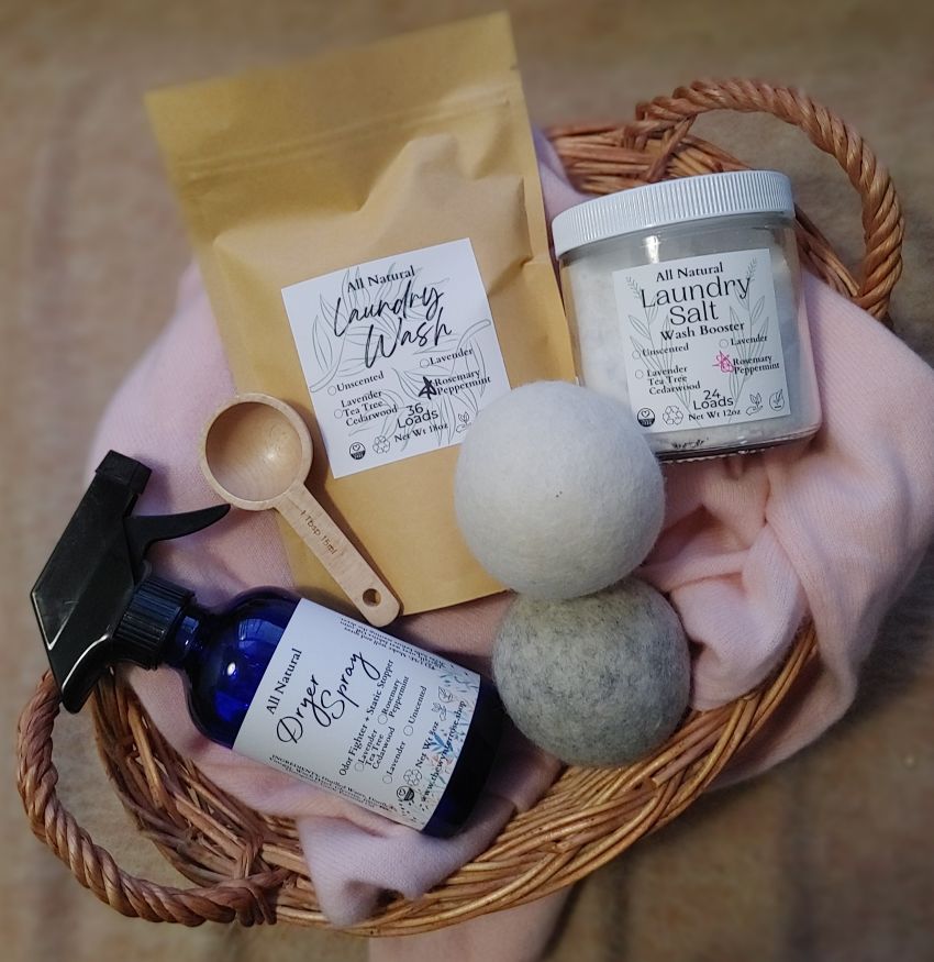 Natural laundry wash set: powder bags, laundry salt jar, and wash balls in basket