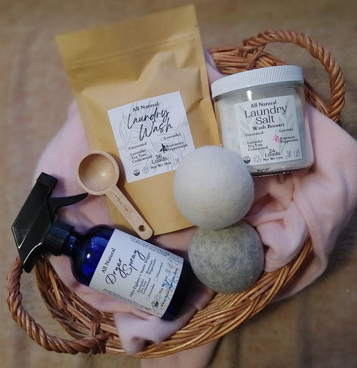 Natural laundry wash set: powder bags, laundry salt jar, and wash balls in basket