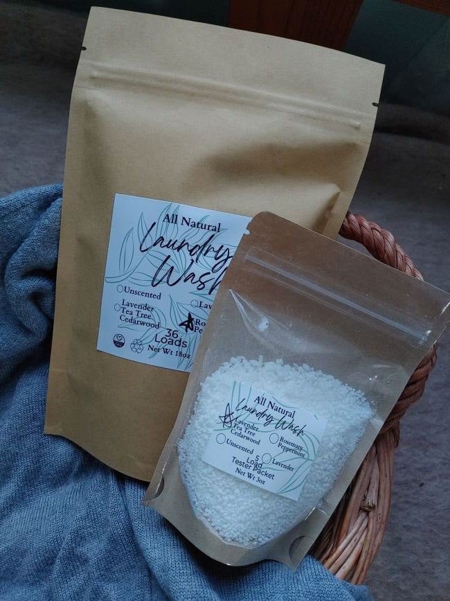 Natural laundry wash powder bag and refill packet with Lavender scent label