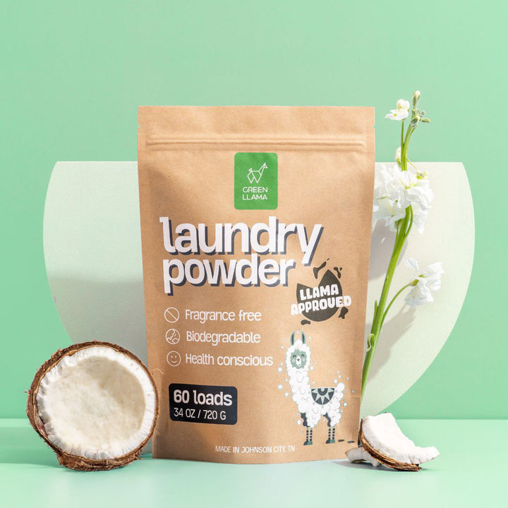 Laundry powder refill pouch with coconut halves and white flowers