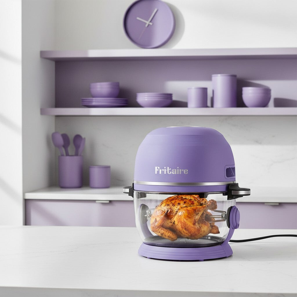 Lavender non-toxic air fryer with glass bowl open and rotisserie chicken
