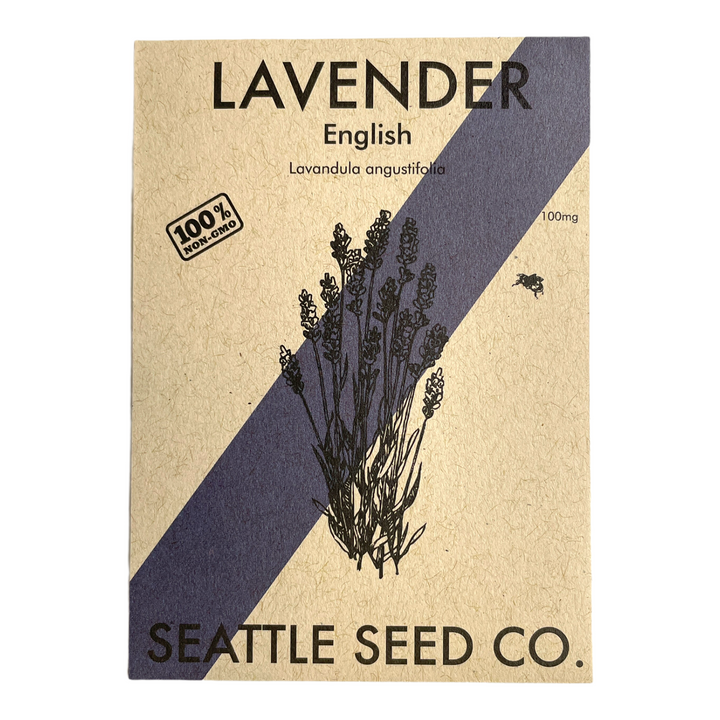 English lavender seed packet with purple flower illustration and Seattle Seed Co. branding