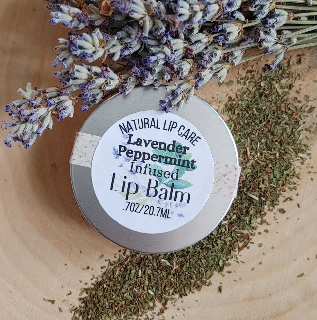 Round lip balm tin with lavender-peppermint label