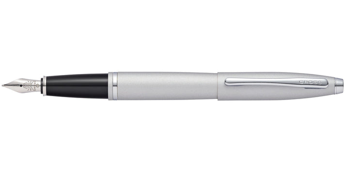 Fountain pen with satin chrome barrel, black grip band, and streamlined clip