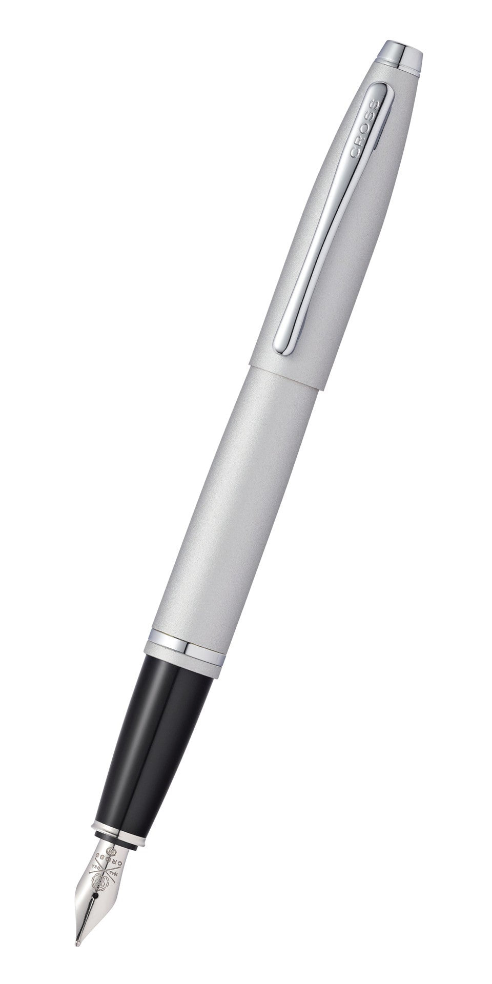 Side view fountain pen with black section, satin chrome barrel, and stainless clip