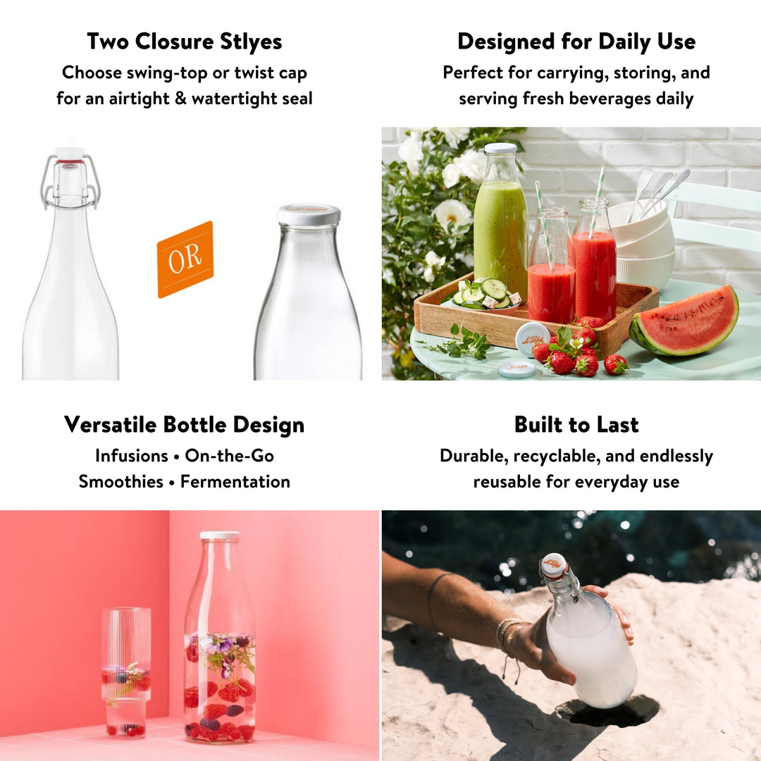 Le Parfait French Glass Bottles with Swing‑Top or Twist Lids