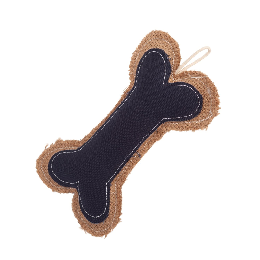 Bone-shaped dog chew toy in tan jute with dark navy fabric center, side view