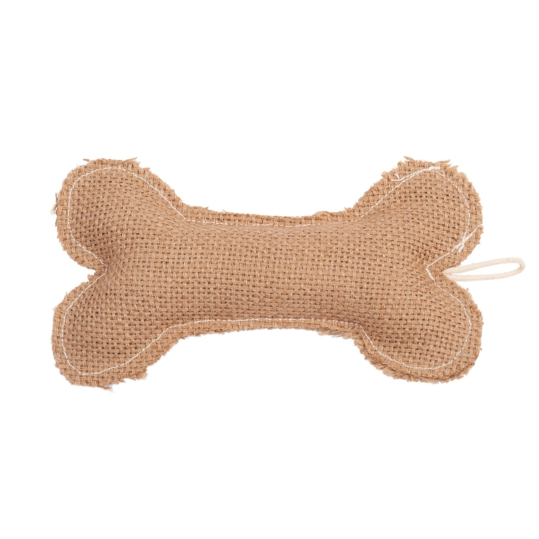 Bone-shaped dog chew toy with natural tan jute exterior and no dark center
