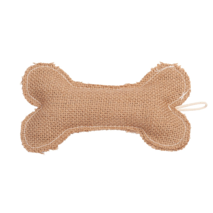 Bone-shaped dog chew toy with natural tan jute exterior and no dark center