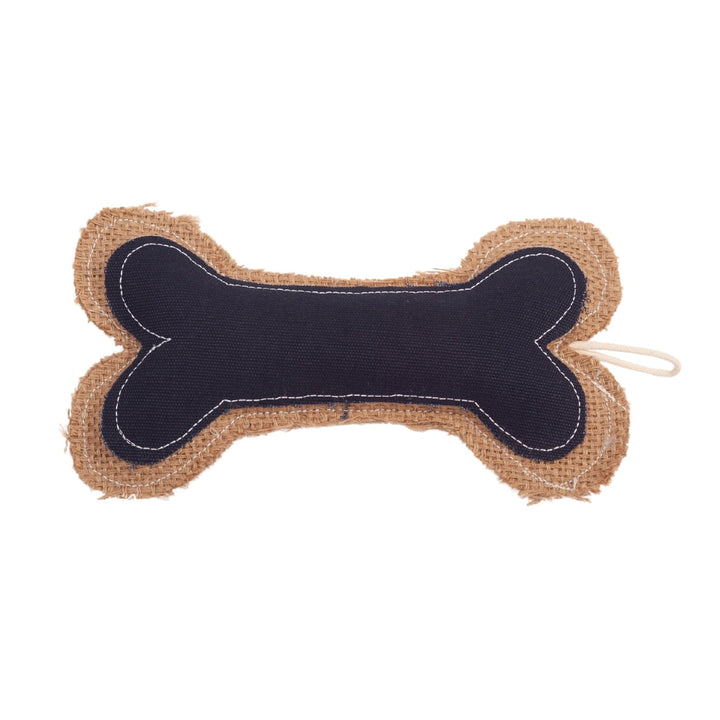 Bone-shaped dog chew toy with tan jute edges and dark navy fabric center, stitched outline