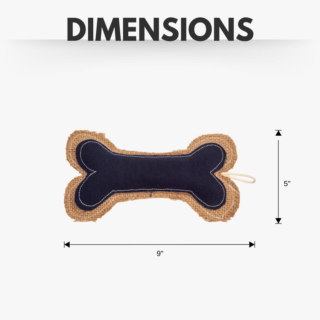 Bone-shaped dog chew toy with tan jute exterior and dark navy center, stitched seams