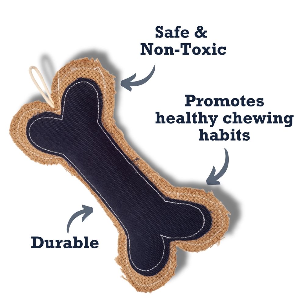 Bone-shaped dog chew toy with tan jute exterior and dark navy fabric center, stitched edges
