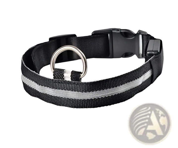 Black LED dog collar with white light strip and metal D-ring