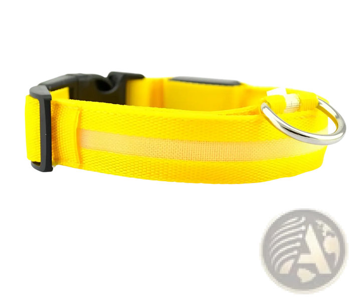 Yellow LED dog collar with glowing light strip and metal D-ring