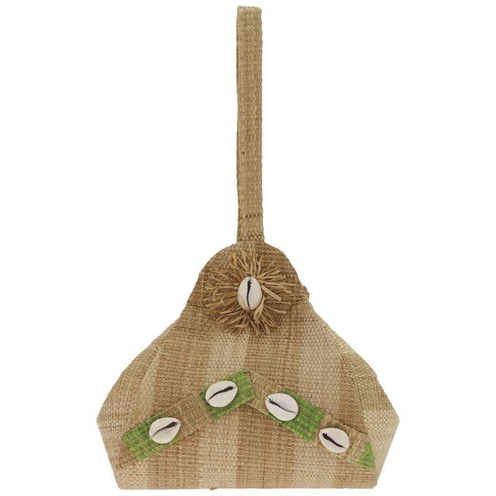 Raffia tote bag with long handle, woven pouch with seashell accents and green inlay