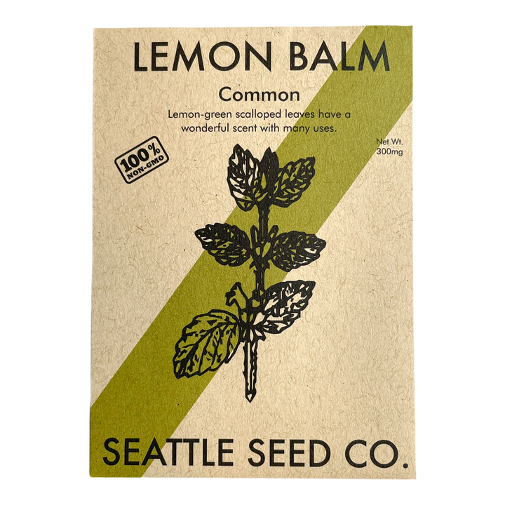 Lemon balm seed packet, Seattle Seed Co. Common, 300 mg label