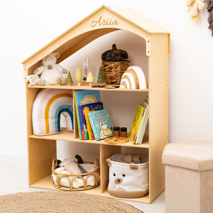 Light wood dollhouse bookcase with arched top shelves and open front storage for toys